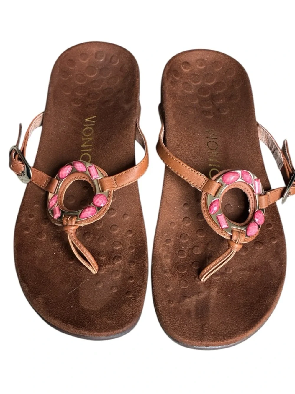 Vionic Ricci Sandals 7 Brown Leather Pink Gem Thong Comfort